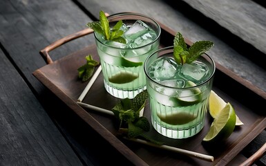 Mint ice and lime in the glasses dark rustic style