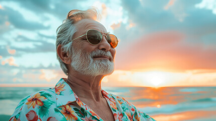Happy mature senior man in a sunglasses enjoy holidays on the beach. Senior man smiling rest in the beach. Mature senior lifestyle