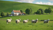 © 4K_Heaven - A peaceful countryside with rolling green hills, grazing sheep, and a quaint farmhouse. Generative AI.