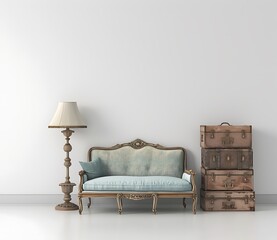 Wall Mural - Vintage french style sofa with lamp and suitcases on white background,