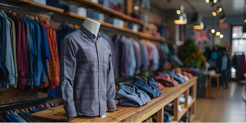 Stylish cotton mens shirt displayed on mannequin in a clothing store. Concept Fashion Display, Men's Clothing, Retail Merchandising, Store Layout, Trendy Apparel