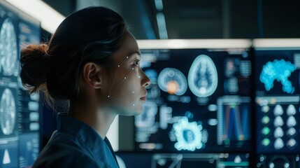 A female data scientist developing a machine learning model using AI. Her screen is filled with complex algorithms and data flow diagrams. generative AI