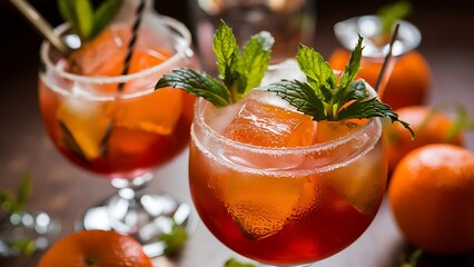 Wall Mural - Traditional italian cocktail with orange ice and mint selective focus image