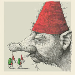 Wall Mural - Two little gnomes with hiking backpacks pass under the huge nose of a gnome giant in a red cap. Fairytale Characters. Illustration for cover, card, postcard, interior design, decor or print.