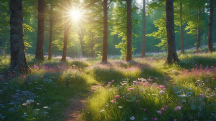 Wall Mural - A mystical forest glade with sunlight filtering through the trees and wildflowers blooming. Generative AI.