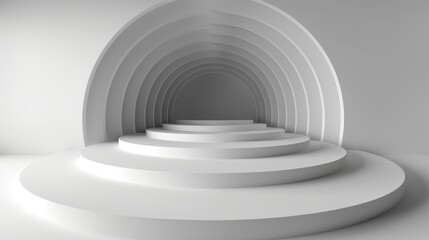 Wall Mural -  A set of white steps ascends toward a hill's peak in a room bathed in white, culminating in a tunnel illuminated by a radiant light at its terminus