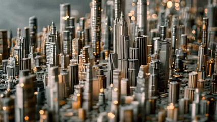 Sticker - A massive city filled with tall buildings stretching into the sky, showcasing urban development and progress, A futuristic city skyline made entirely of coins