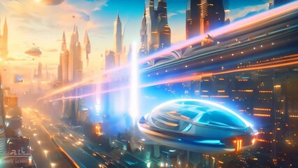 Poster - Spaceship Flying Over Futuristic City, A futuristic city skyline with holographic projections and flying cars zipping through the air