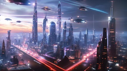 Wall Mural - Skyline of Futuristic City With Tall Buildings, A futuristic city skyline with holographic projections and flying cars zipping through the air