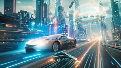 Wall Mural - A futuristic cityscape featuring holographic projections with a futuristic car in the foreground, A futuristic city skyline with holographic projections and flying cars zipping through the air