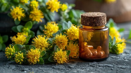 Rhodiola Rosea Extract a cluster of Rhodiola rosea flowers. Glass bottle with herbal capsules and yellow flowers on a stone surface. Natural wellness, herbal medicine, and supplement concept.