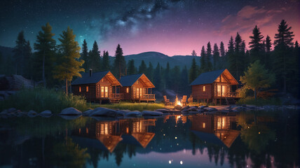 Wall Mural - A tranquil lakeside retreat with wooden cabins, a campfire, and stars twinkling in the night sky. Generative AI.