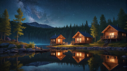 Wall Mural - A tranquil lakeside retreat with wooden cabins, a campfire, and stars twinkling in the night sky. Generative AI.
