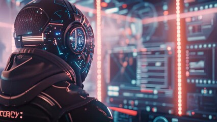 Canvas Print - A man wearing a futuristic suit carefully examines a wall filled with data, A futuristic interpretation of AI-powered online security measures