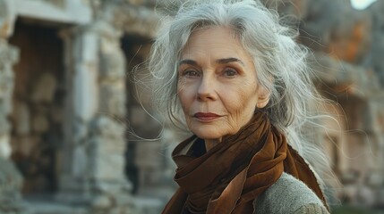 Wall Mural - portrayal of an older woman with silver-streaked hair