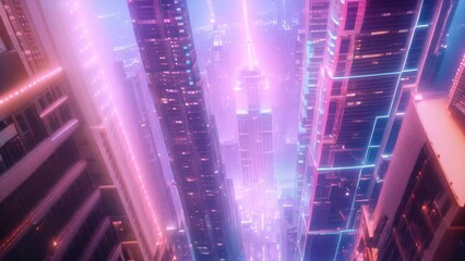 Sticker - Vibrant Cityscape With Neon-lit Skyscrapers, A futuristic interpretation of the Empire State Building with glowing neon accents