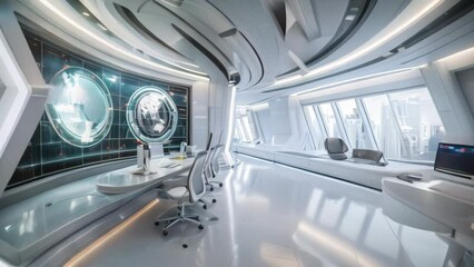 Poster - A futuristic office filled with natural light from numerous windows, showcasing a cutting-edge workspace design, A futuristic office space with cutting-edge technology