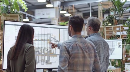 Professionals are looking at a large interactive whiteboard display showing a wireframe plan of a building. Working on the safety system of a building project. Evaluating the load-bearing structures.
