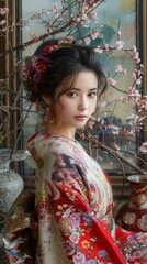 Wall Mural - Beautiful Asian Woman in Traditional Kimono with Cherry Blossoms