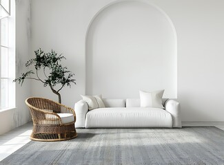Wall Mural - white living room with white sofa and wicker armchair, grey carpet on the floor, 