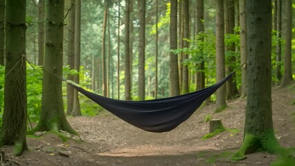 Wall Mural - A hammock suspended between trees in a lush forest setting, A hammock strung between two trees in a quiet forest