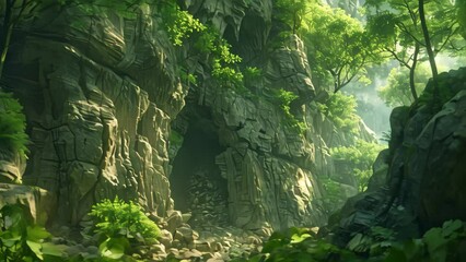 Wall Mural - A cave entrance nestled in the lush jungle surrounded by towering rocks and dense vegetation, A hidden cave entrance nestled between towering rock formations and ancient trees