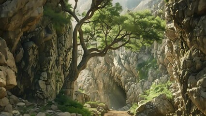 Wall Mural - A painting showcasing a dense forest filled with rocks and towering trees, with a hidden cave entrance, A hidden cave entrance nestled between towering rock formations and ancient trees