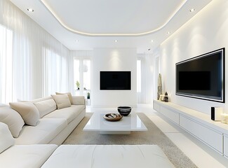 Wall Mural - White modern living room with sofa, coffee table and television on the wall