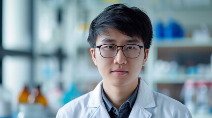 Wall Mural - confident young scientist in lab. young male scientist in lab coat and eyeglasses looking seriously 