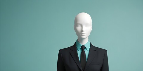 Wall Mural - A faceless male mannequin wearing a black suit and tie against a teal background