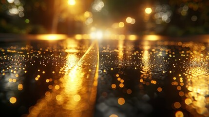 Sticker -  A tight shot of a wet surface, featuring a hazy street light in the backdrop, and street lights shrouded in blur in the foreground