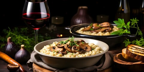 Wall Mural - Delicious Italian Risotto with Sautéed Mushrooms, Parmesan Breadsticks, and Wine Recipe. Concept Italian Cuisine, Risotto, Sautéed Mushrooms, Breadsticks, Wine Pairing