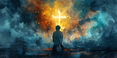 Wall Mural - Digital watercolor portrait of man kneeling in prayer before glowing cross. Concept Religious Art, Digital Painting, Watercolor Style, Man in Prayer, Glowing Cross