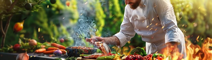 A chef skillfully grilling vegetables and fish on an outdoor barbecue, detailed flames and smoke, vibrant green forest in the background, high-detail, capturing the harmony of cooking and nature