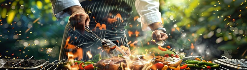 A chef skillfully grilling vegetables and fish on an outdoor barbecue, detailed flames and smoke, vibrant green forest in the background, high-detail, capturing the harmony of cooking and nature