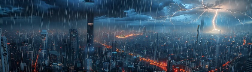 Wall Mural - A cityscape illuminated by a vivid lightning strike, detailed skyscrapers and streets below, rain pouring down, highlighting the contrast between the urban environment and the fierce natural elements
