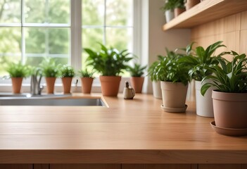 Wall Mural - A wooden kitchen counter with potted plants and greenery in the background, with a blurred outdoor scene visible through a window
