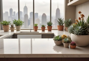 Wall Mural - A stone kitchen counter with potted succulents and dried flowers in the background, with a blurred city skyline visible through a window