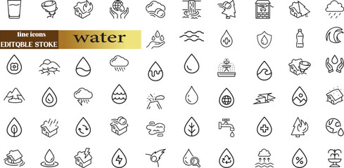 Wall Mural - water linear icon collection real estate. drop water, mineral water, low and high tide, shower,