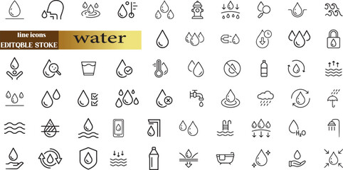 Wall Mural - water linear icon collection real estate. drop water, mineral water, low and high tide, shower,