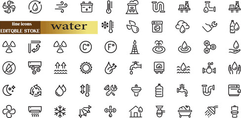 Wall Mural - water linear icon collection real estate. drop water, mineral water, low and high tide, shower,