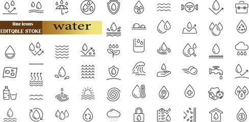 water linear icon collection real estate. Drop Water, Mineral Water, Low and High Tide, Shower, 