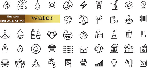 Wall Mural - water linear icon collection real estate. drop water, mineral water, low and high tide, shower,