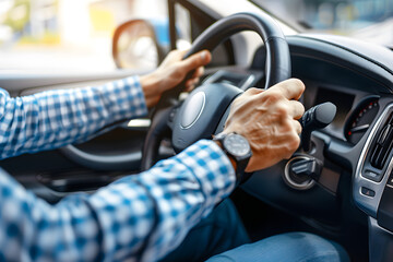 Wall Mural - Man hands of car driver on steering wheel for road trip on highway road.