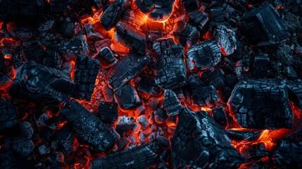  A close-up of a heap of coal beside a pile of rocks Rocks with red and black flames erupting from their tops