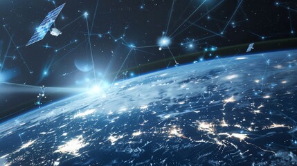 a satellite array orbiting the earth, transmitting signals and data for communication and navigation