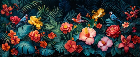 Wall Mural - A vibrant painting of tropical flowers in a blue background.