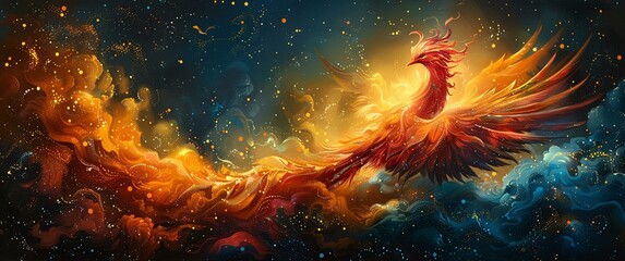 Wall Mural - A bird with orange and yellow feathers flying through a starry sky with a blue background.