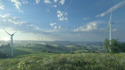 A scenic landscape featuring wind turbines on rolling hills, harnessing renewable energy from the power of the wind.