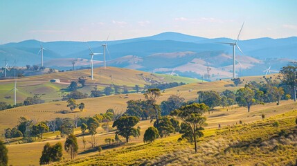 Wall Mural - A scenic landscape featuring wind turbines on rolling hills, harnessing renewable energy from the power of the wind.
